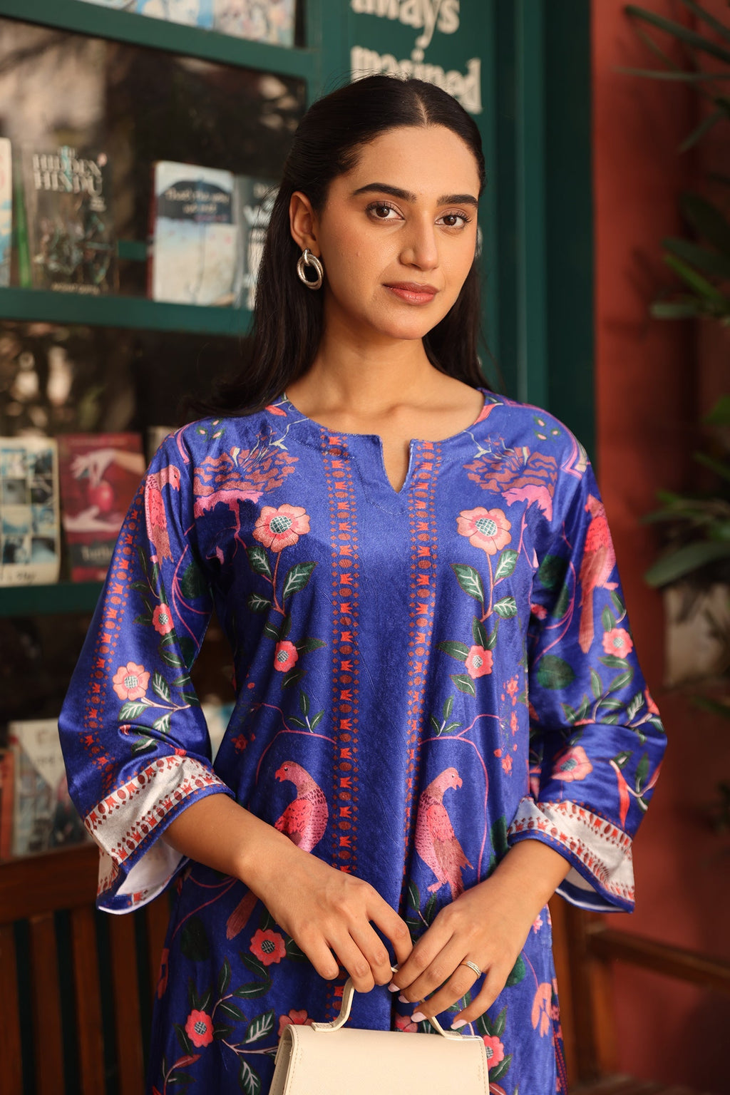 Velvet Printkari Coord Set with Farsi Bottoms – Royal Blue