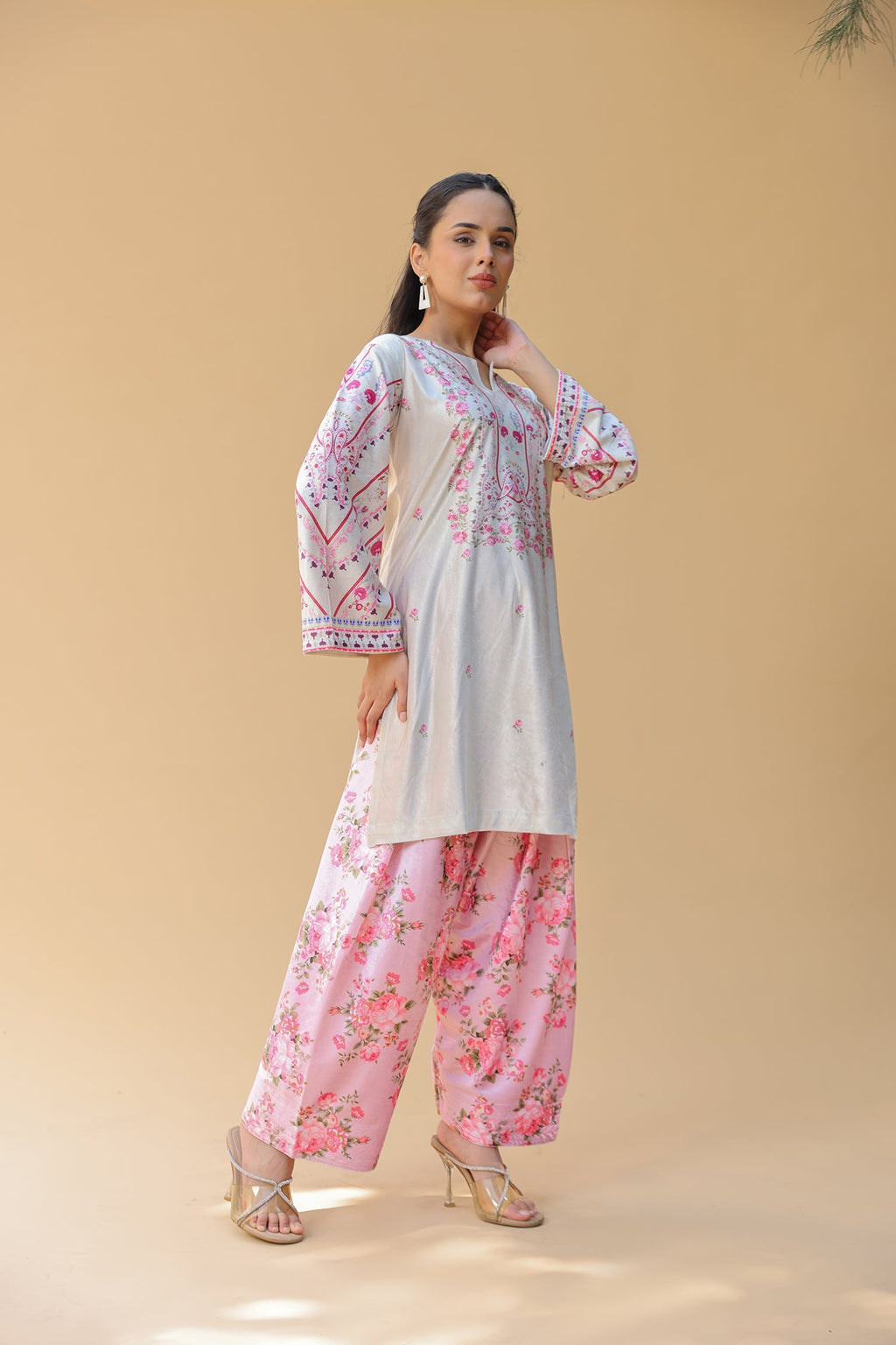 Velvet Printkari Coord Set with Farsi Bottoms – Pastel Green & Pink Floral