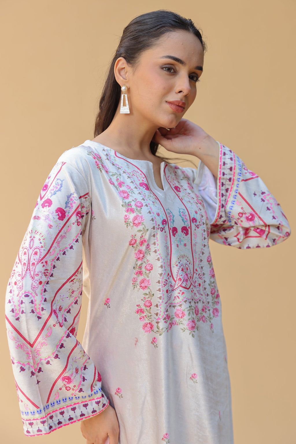 Velvet Printkari Coord Set with Farsi Bottoms – Pastel Green & Pink Floral
