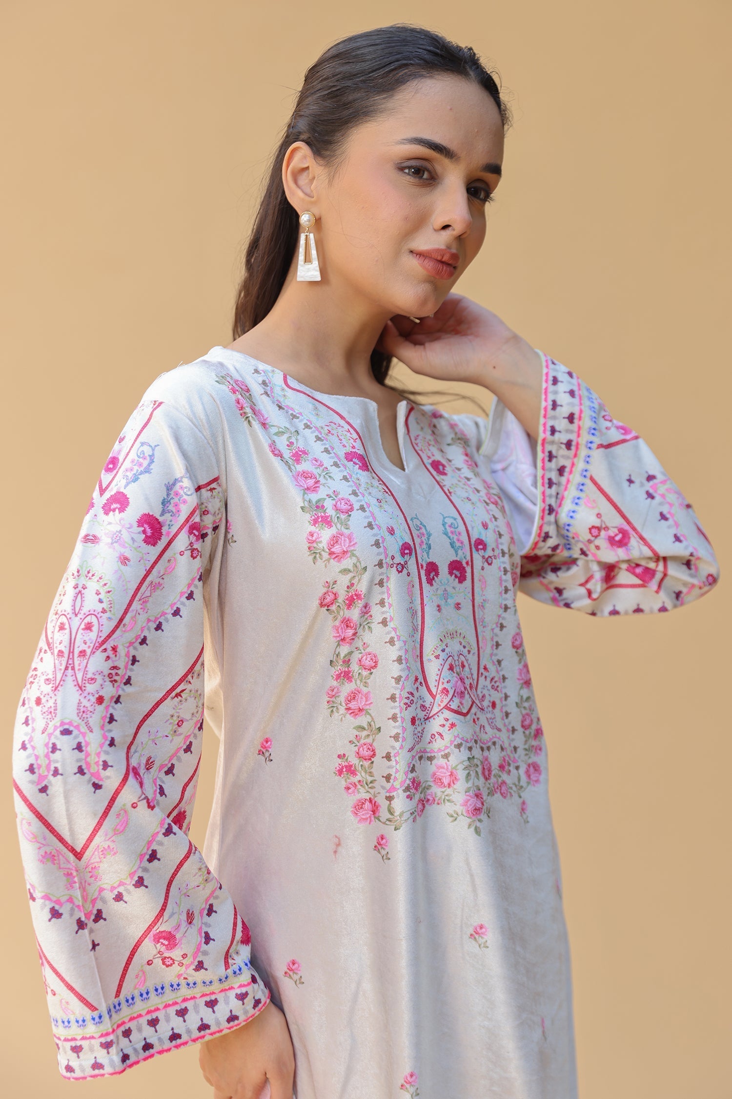 Velvet Printkari Coord Set with Farsi Bottoms – Pastel Green & Pink Floral