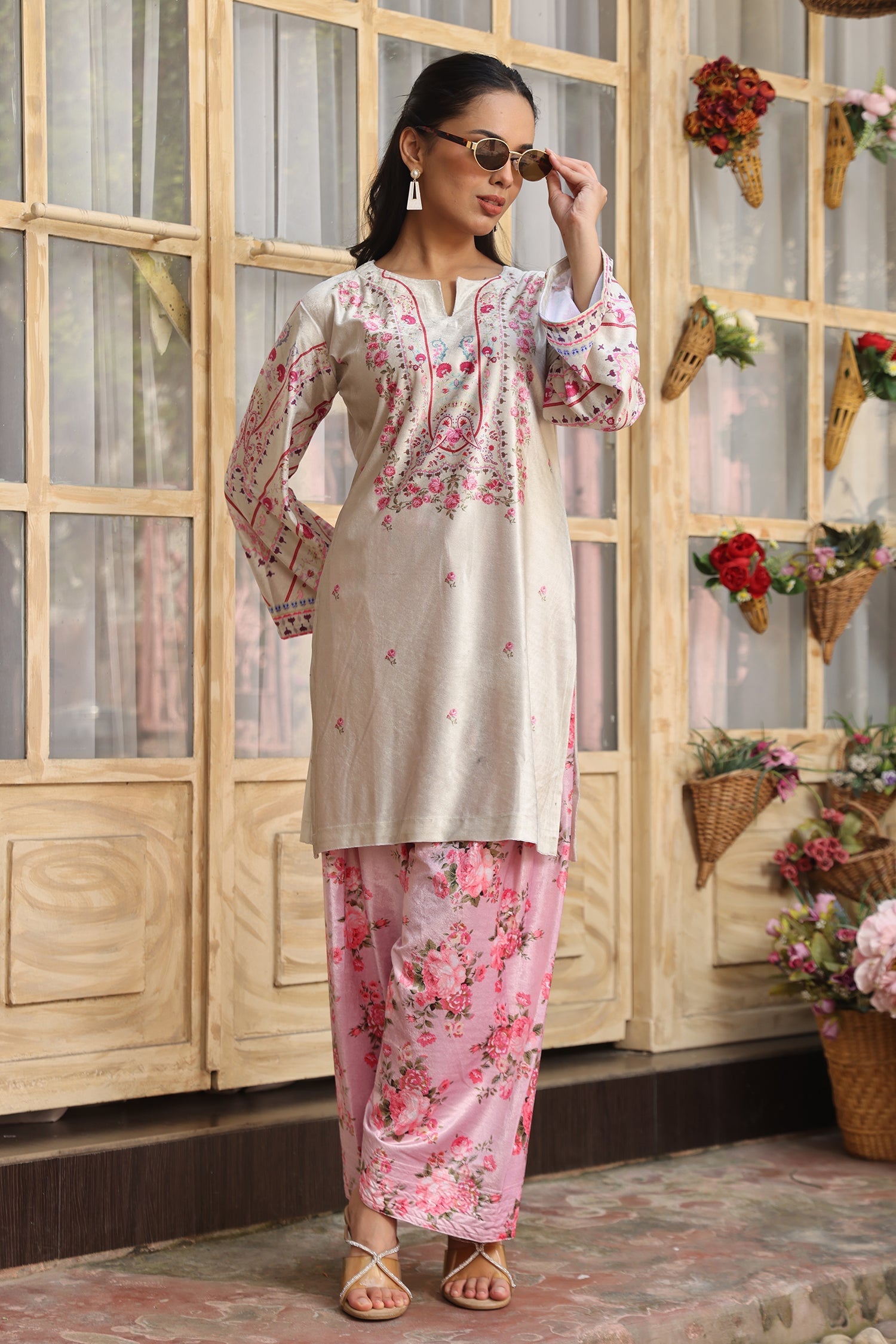 Velvet Printkari Coord Set with Farsi Bottoms – Pastel Green & Pink Floral