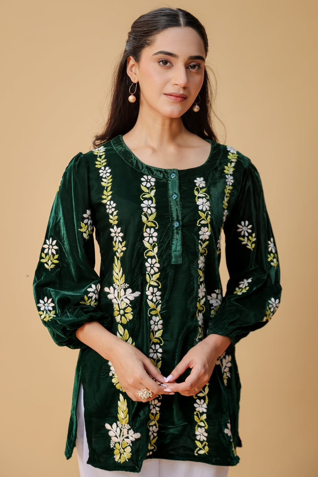 Velvet Chikankari Short Kurti – Green