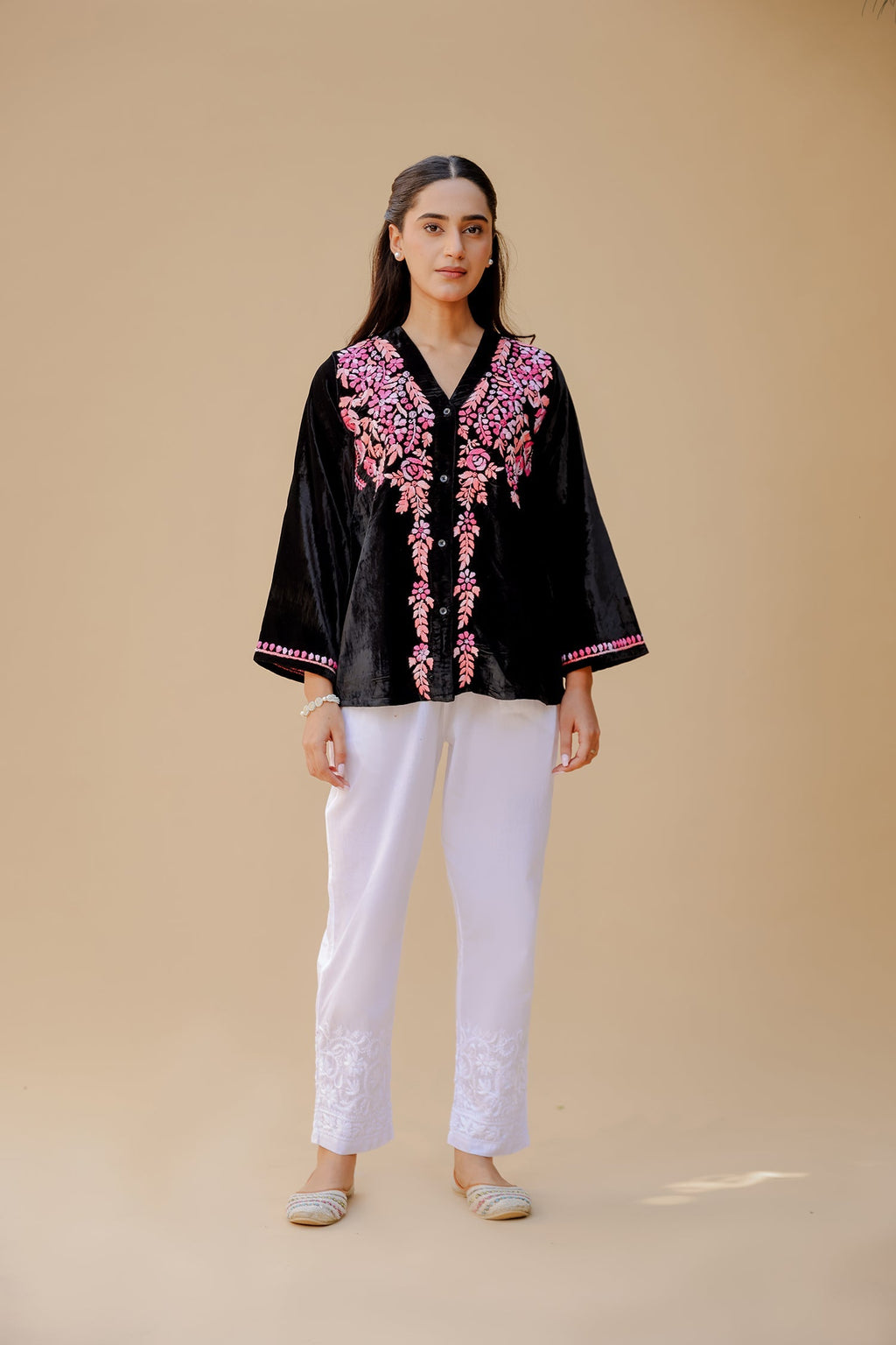 Velvet Chikankari Short Kurti – Black