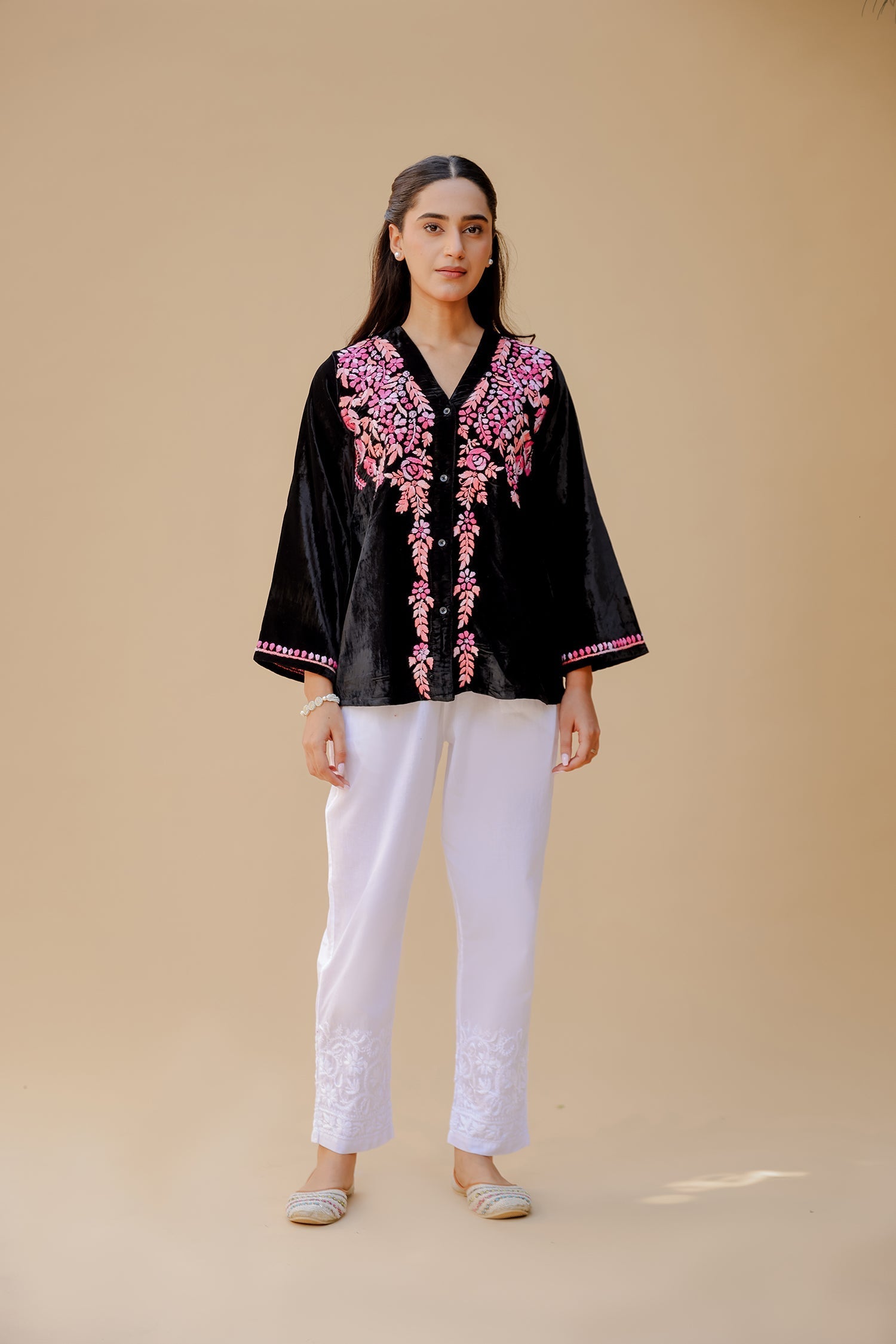 Velvet Chikankari Short Kurti – Black
