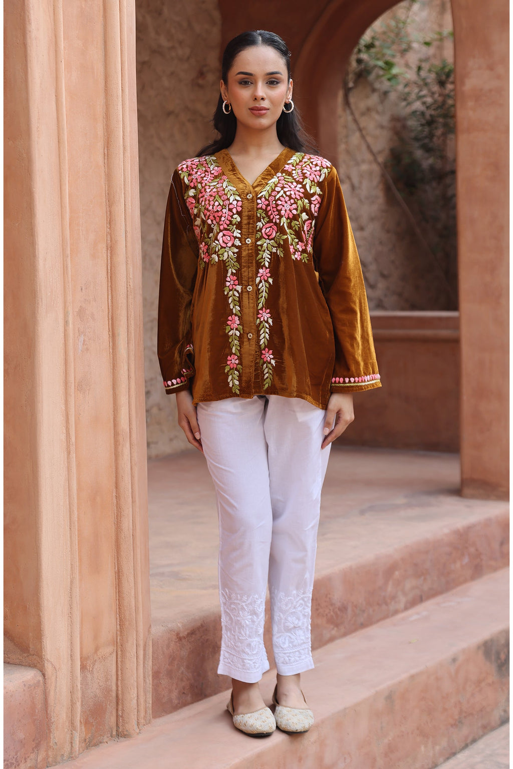 Velvet Chikankari Short Kurti – Brown