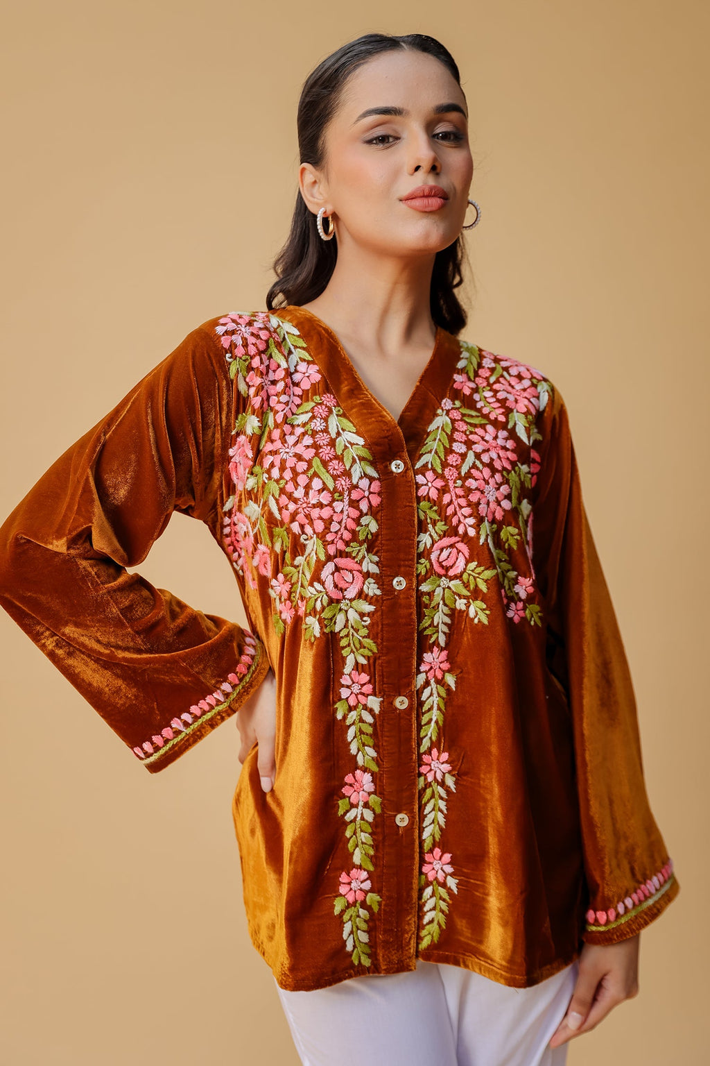 Velvet Chikankari Short Kurti – Brown