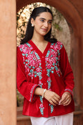 Velvet Chikankari Short Kurti – Red