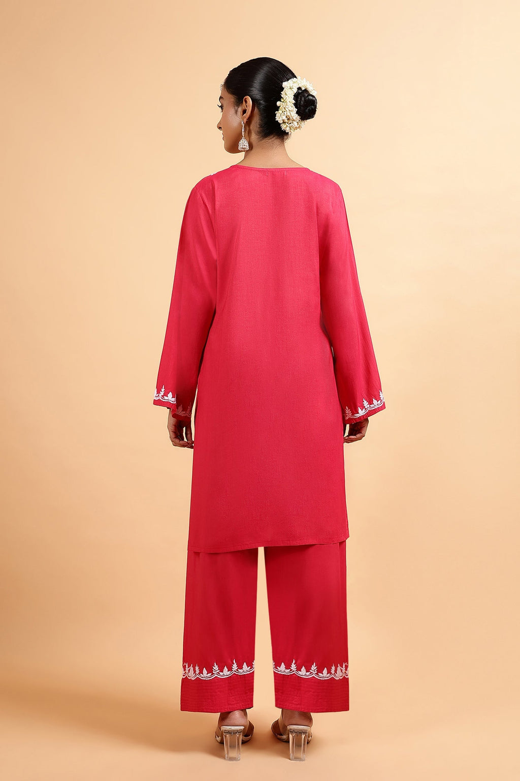 Chikankari Kurta Set in Viscose with Farsi Pants – Red