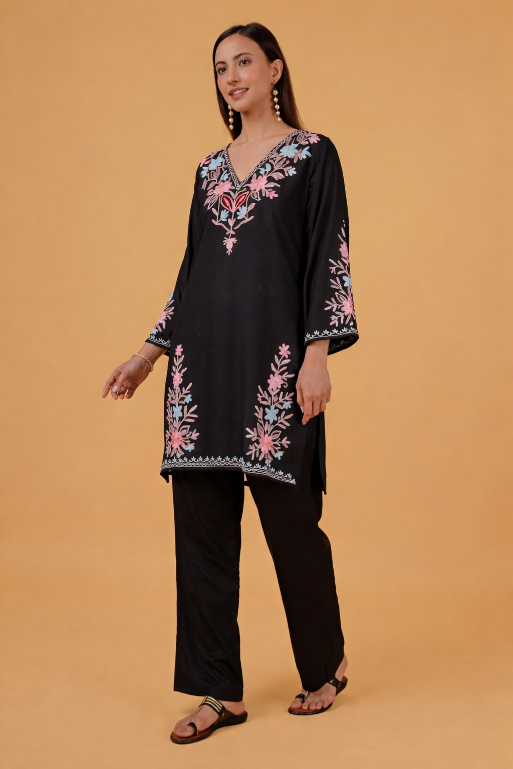 Cotton Kashmiri Aari Embroidered Long Kurta - Black