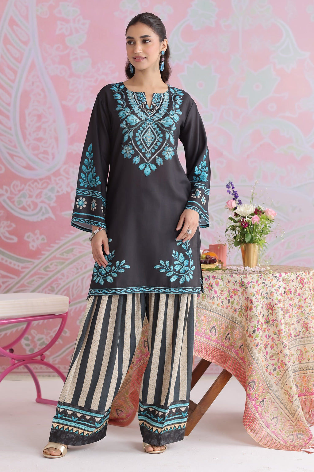 Priyanka x HOK in Black & Teal Printed Lawn Cotton Co-ord Set with Farsi Pants