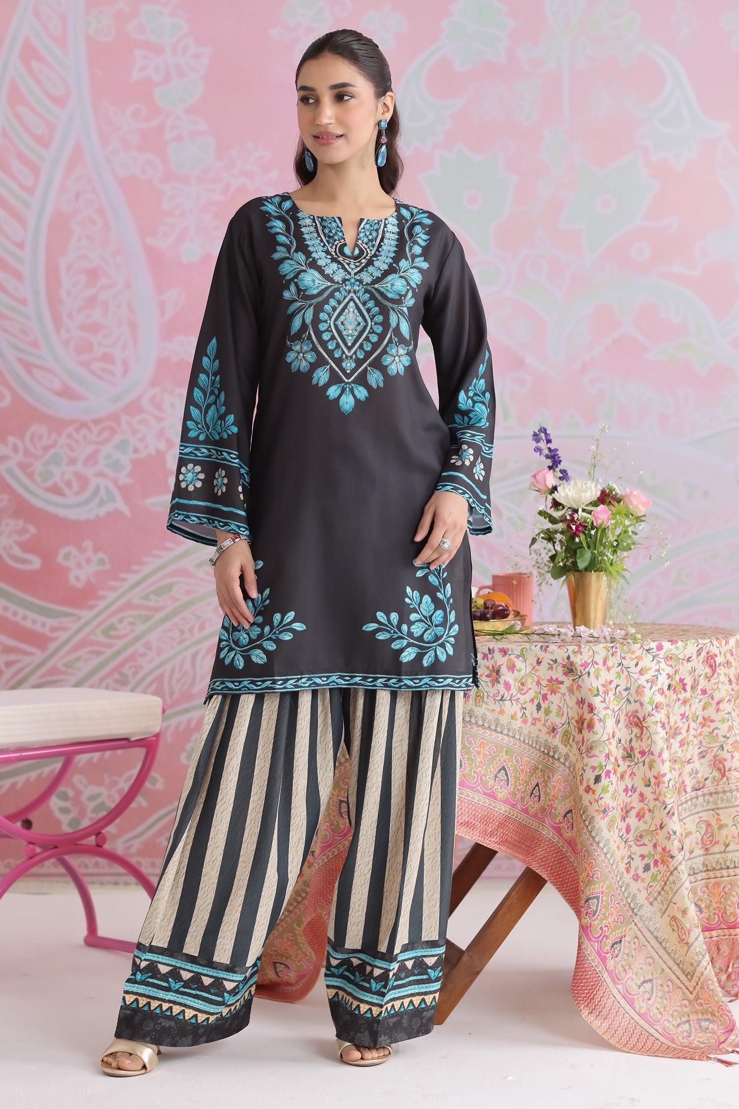 Priyanka x HOK in Black & Teal Printed Lawn Cotton Co-ord Set with Farsi Pants