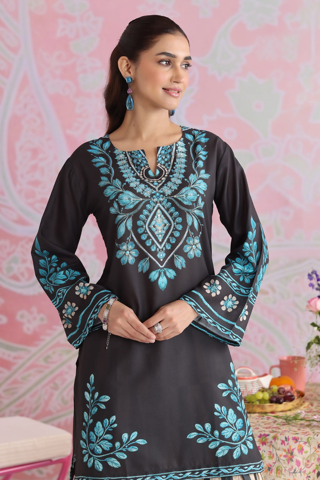 Priyanka x HOK in Black & Teal Printed Lawn Cotton Co-ord Set with Farsi Pants