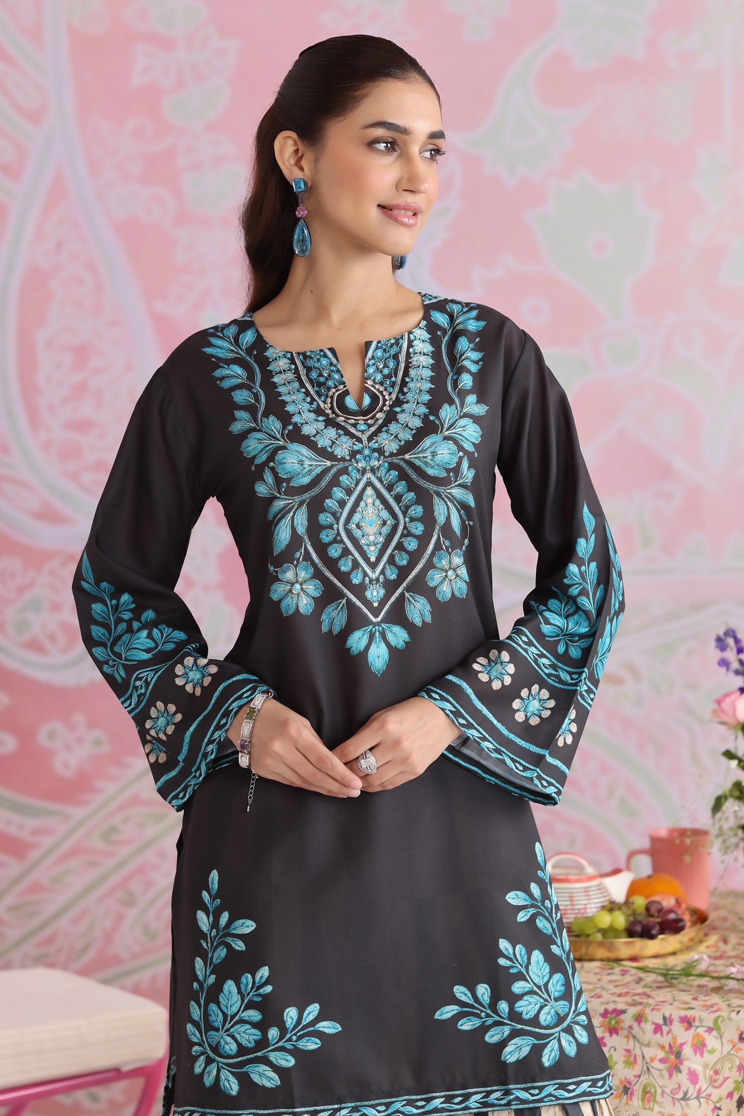 Priyanka x HOK in Black & Teal Printed Lawn Cotton Co-ord Set with Farsi Pants