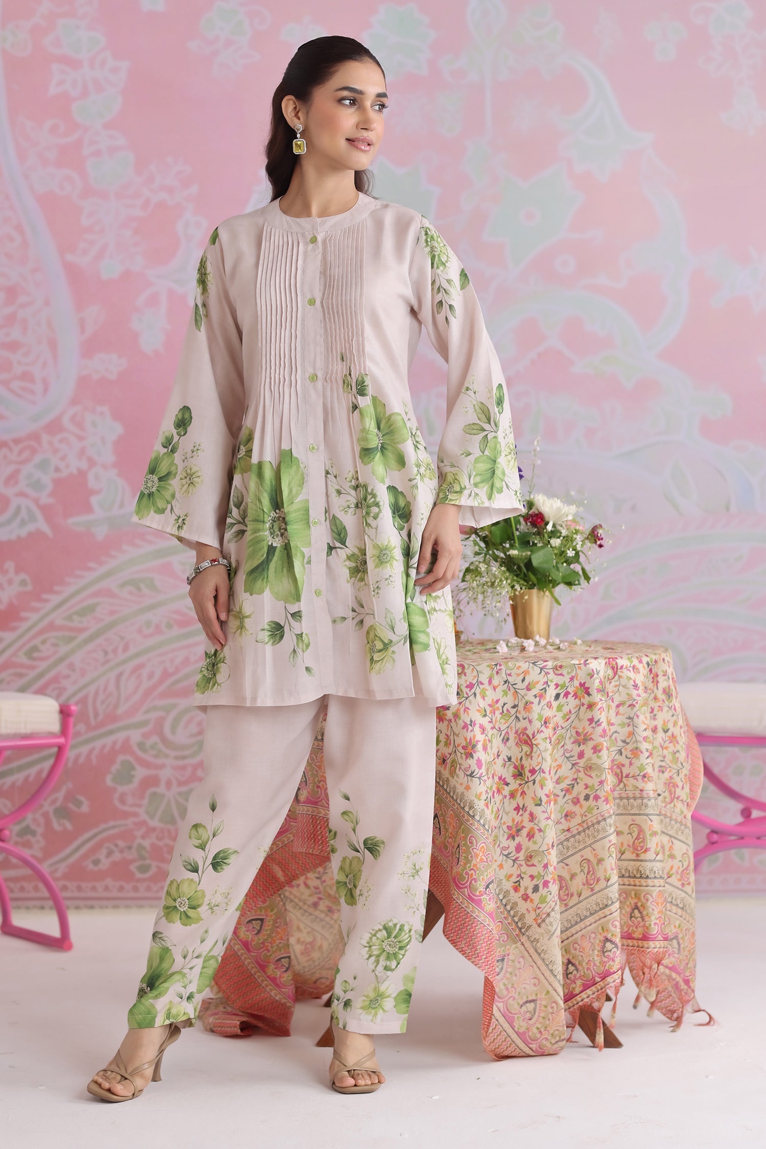 Ivory & Sage Green Printed Lawn Cotton Co-ord Set with Straight Pants