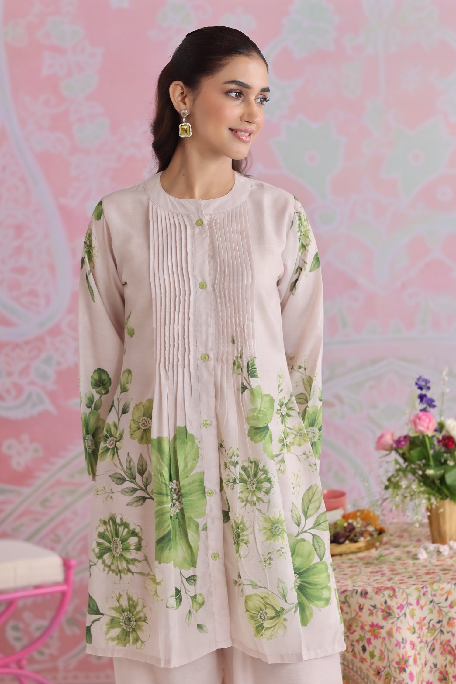 Ivory & Sage Green Printed Lawn Cotton Co-ord Set with Straight Pants