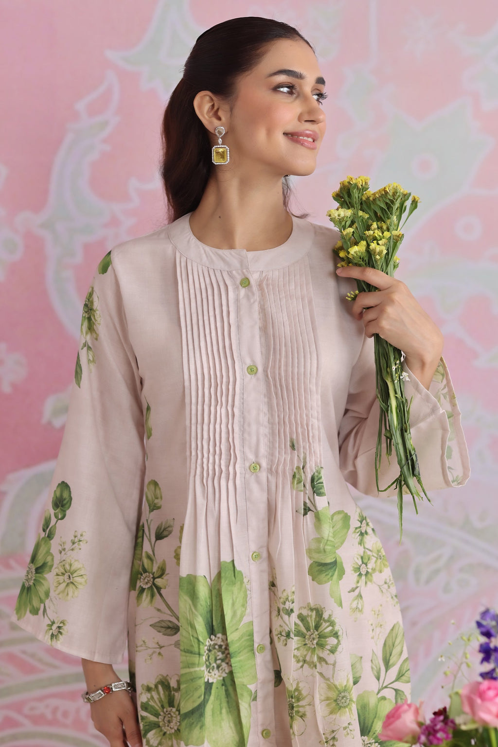 Ivory & Sage Green Printed Lawn Cotton Co-ord Set with Straight Pants