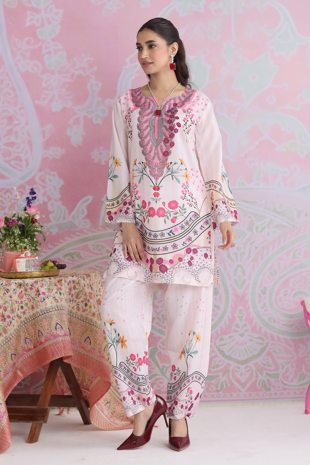 Neha x Ivory Floral Printed Lawn Cotton Co-ord Set with Straight Pants
