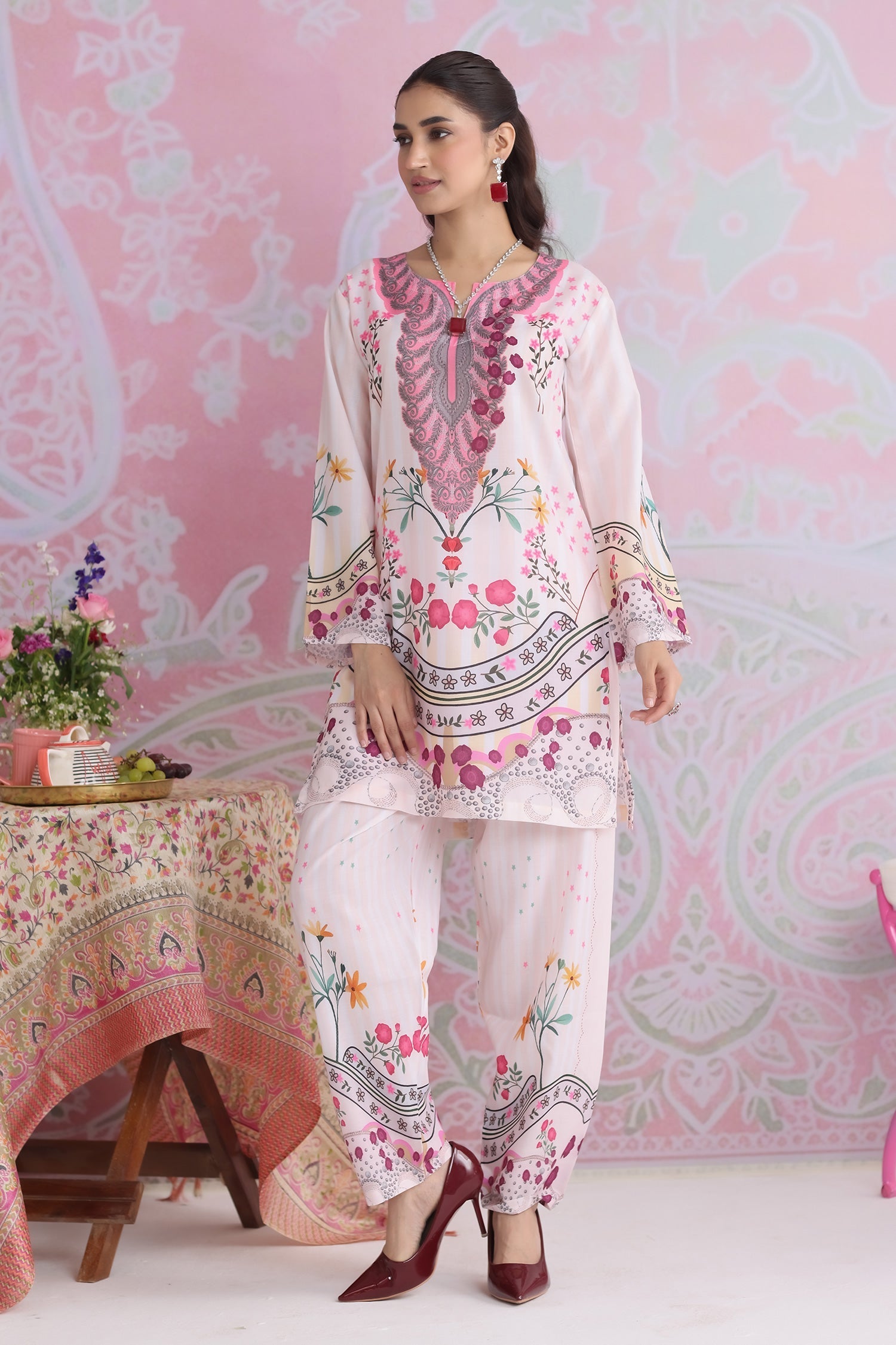 Neha x Ivory Floral Printed Lawn Cotton Co-ord Set with Straight Pants