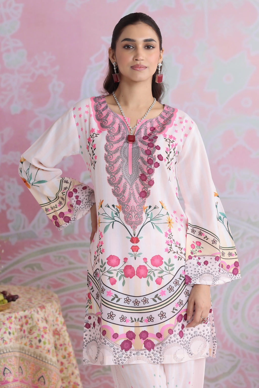 Neha x Ivory Floral Printed Lawn Cotton Co-ord Set with Straight Pants