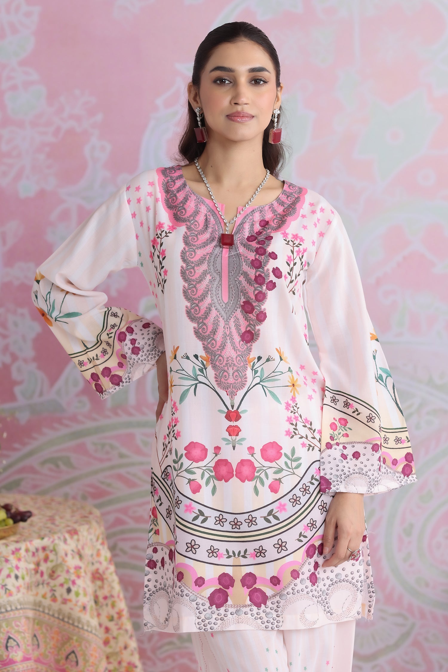 Neha x Ivory Floral Printed Lawn Cotton Co-ord Set with Straight Pants