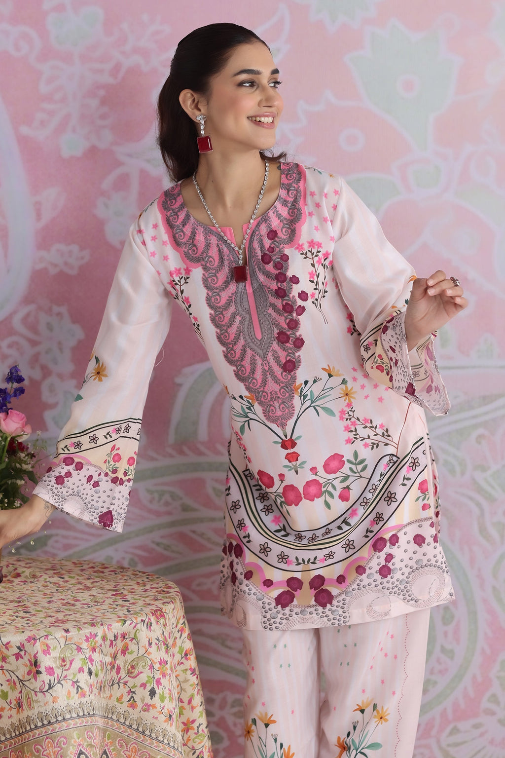 Neha x Ivory Floral Printed Lawn Cotton Co-ord Set with Straight Pants