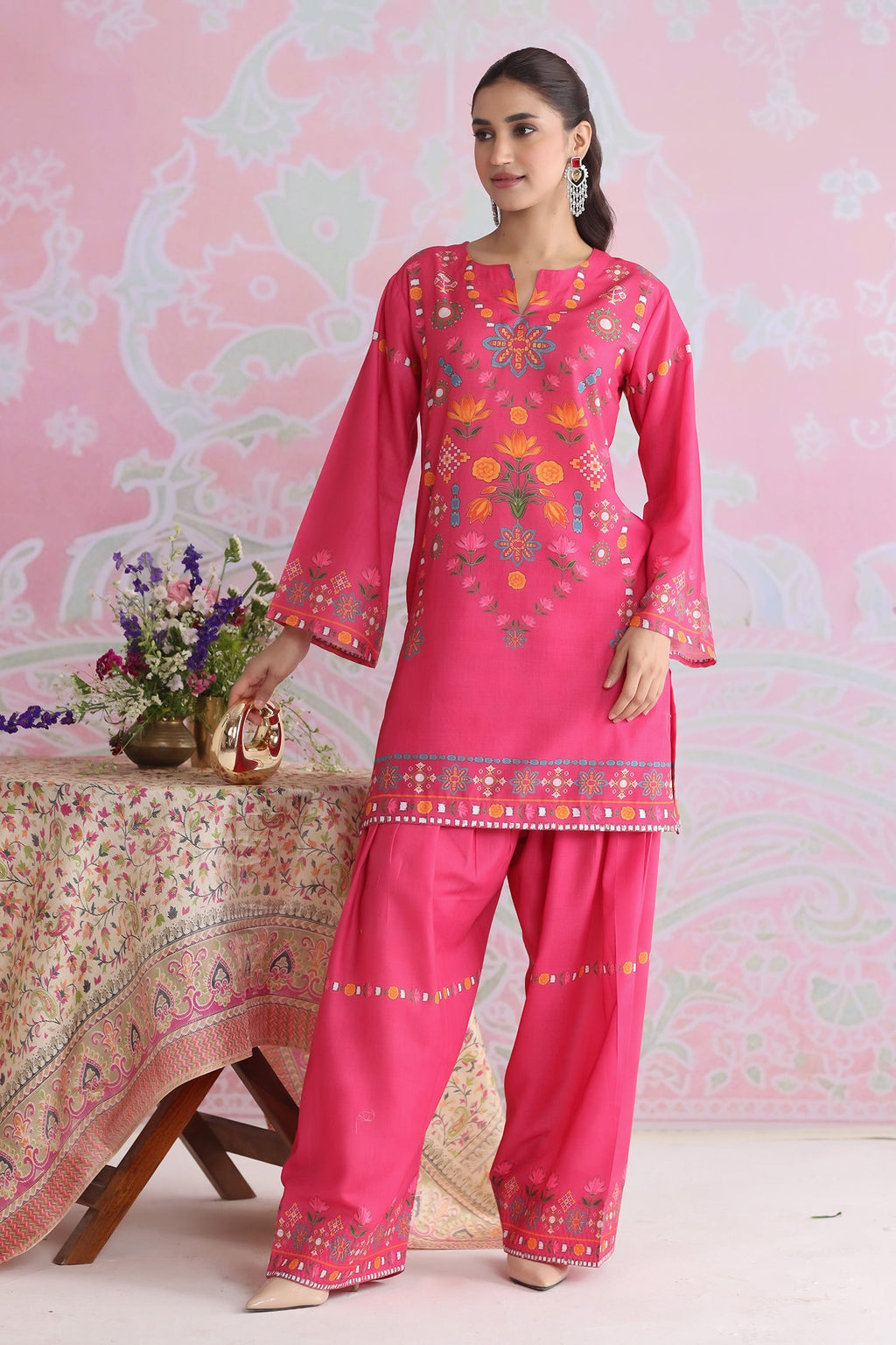 Raspberry Pink Printed Lawn Cotton Co-ord Set with Farsi Pants