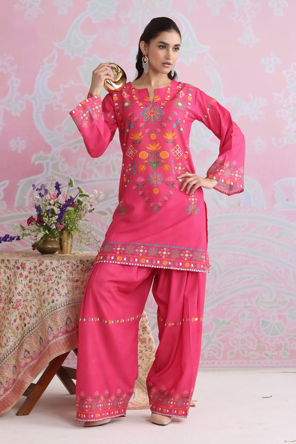Raspberry Pink Printed Lawn Cotton Co-ord Set with Farsi Pants