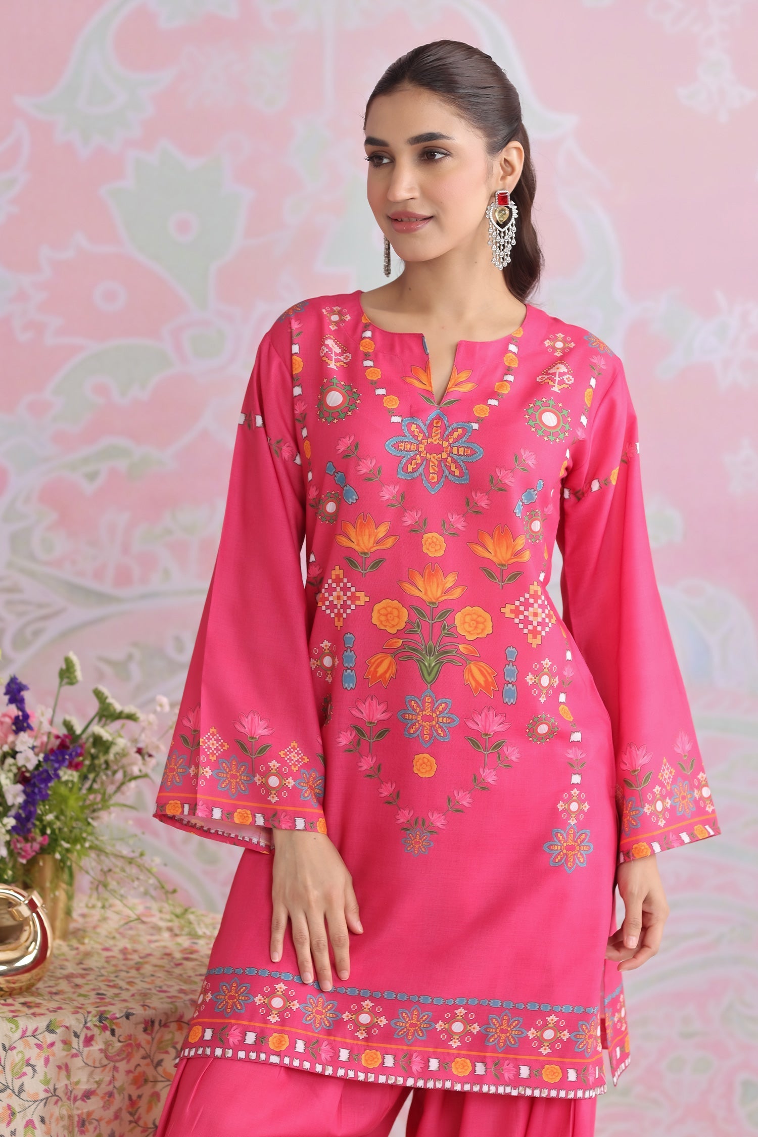 Raspberry Pink Printed Lawn Cotton Co-ord Set with Farsi Pants