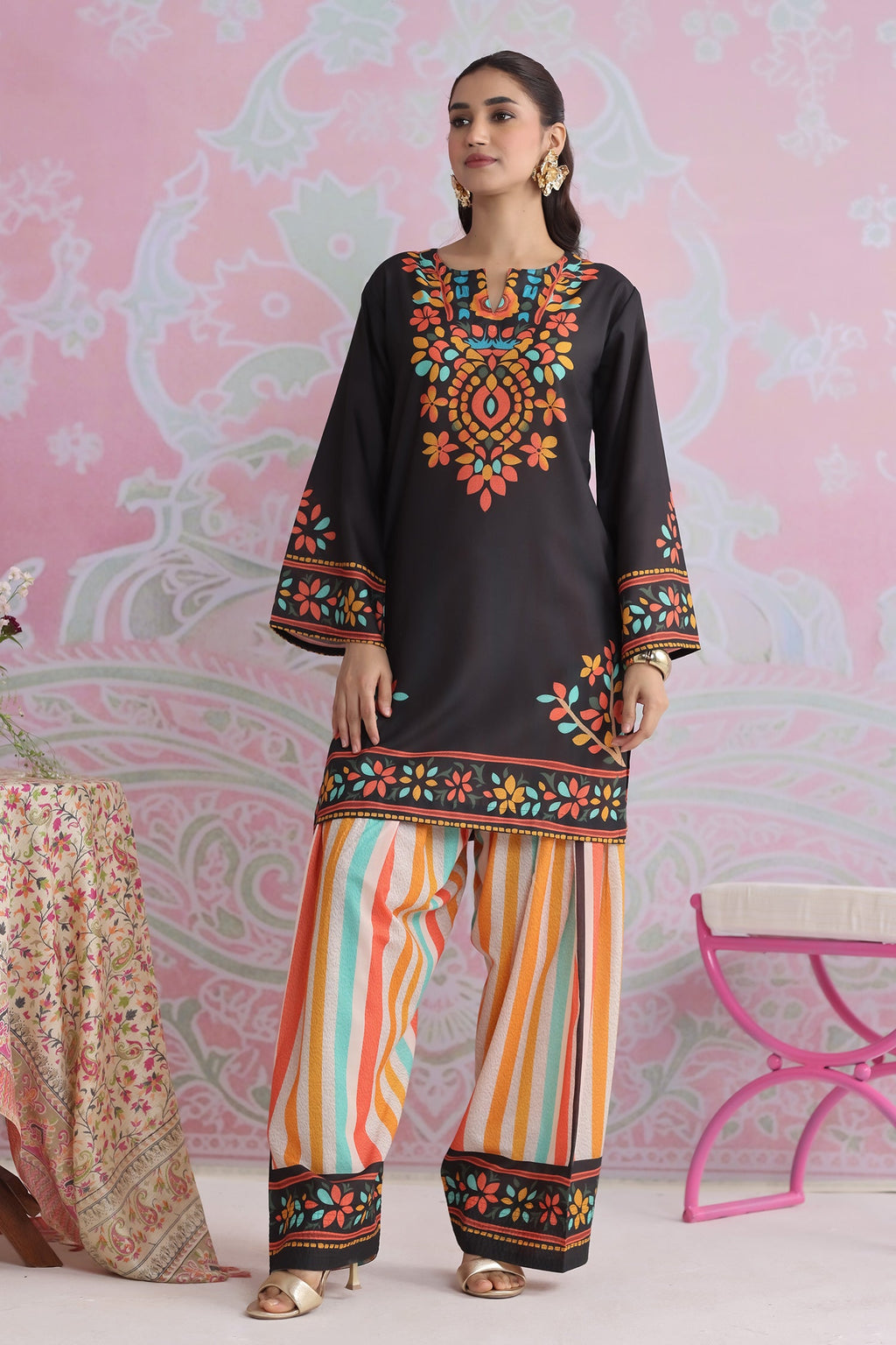 Neha x HOK in Black Multicolour Printed Lawn Cotton Co-ord Set with Farsi Pants