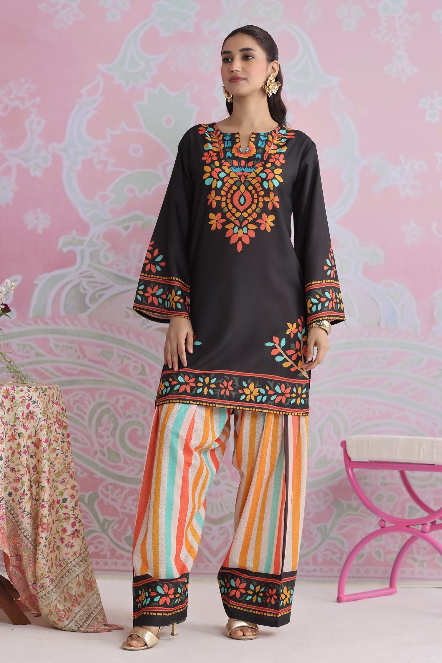 Neha x HOK in Black Multicolour Printed Lawn Cotton Co-ord Set with Farsi Pants