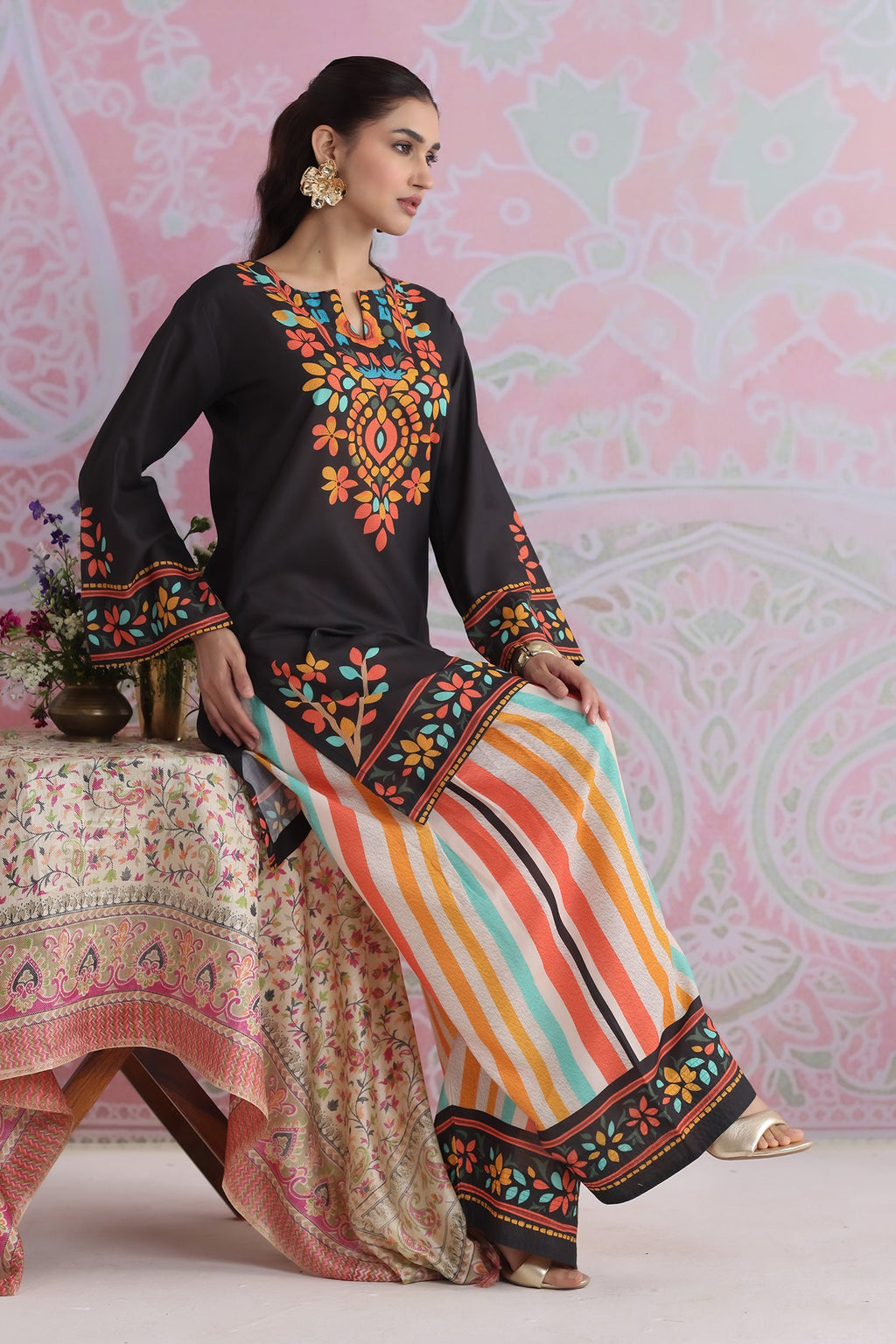 Neha x HOK in Black Multicolour Printed Lawn Cotton Co-ord Set with Farsi Pants