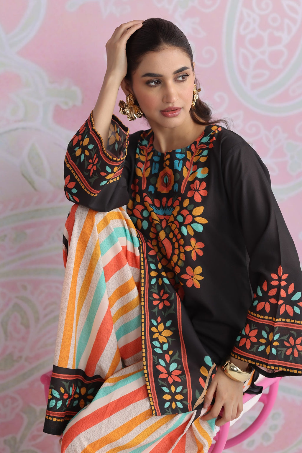 Neha x HOK in Black Multicolour Printed Lawn Cotton Co-ord Set with Farsi Pants