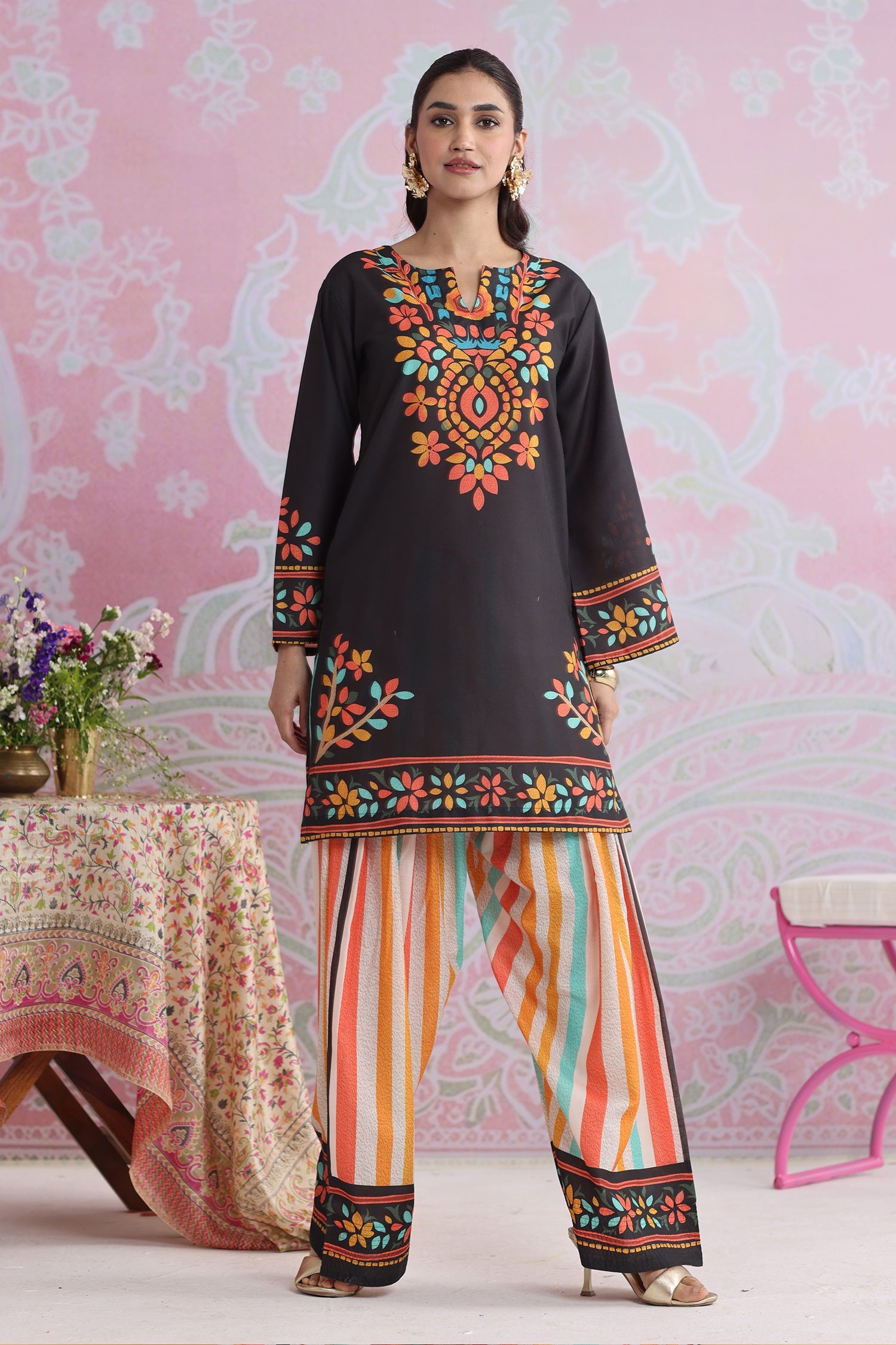 Neha x HOK in Black Multicolour Printed Lawn Cotton Co-ord Set with Farsi Pants