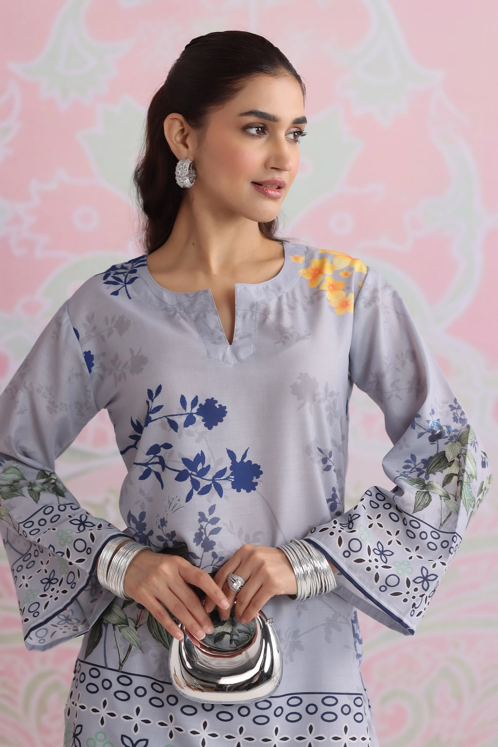 Grey Printed Lawn Cotton Co-ord Set with Farsi Pants
