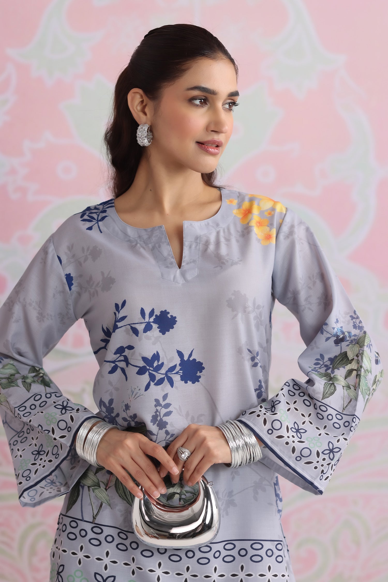 Grey Printed Lawn Cotton Co-ord Set with Farsi Pants