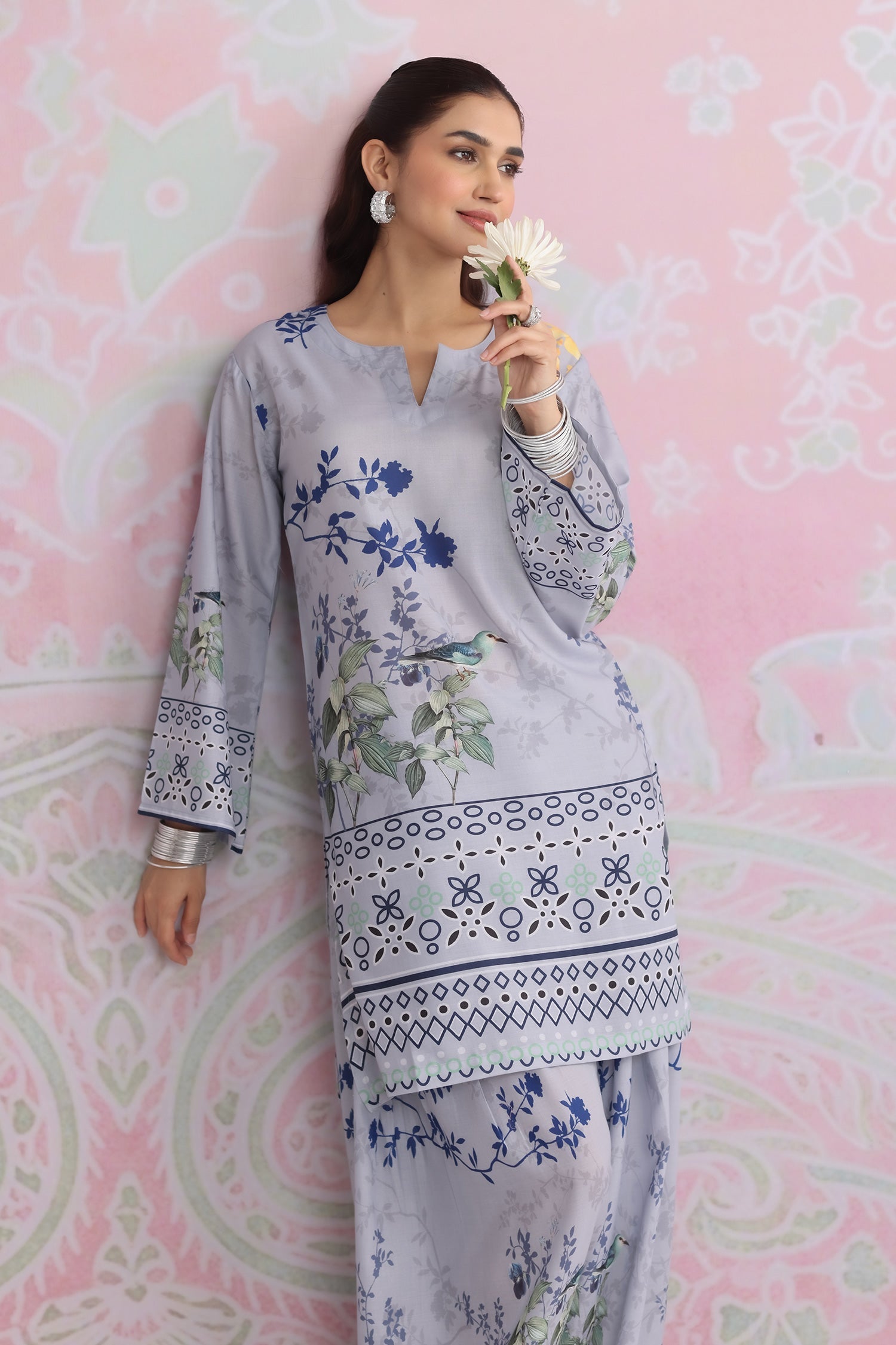 Grey Printed Lawn Cotton Co-ord Set with Farsi Pants