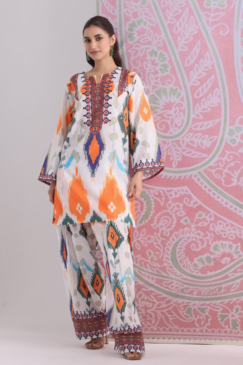 Neha x HOK in Grey Multicolour Ikat Printed Lawn Cotton Co-ord Set with Farsi Pants