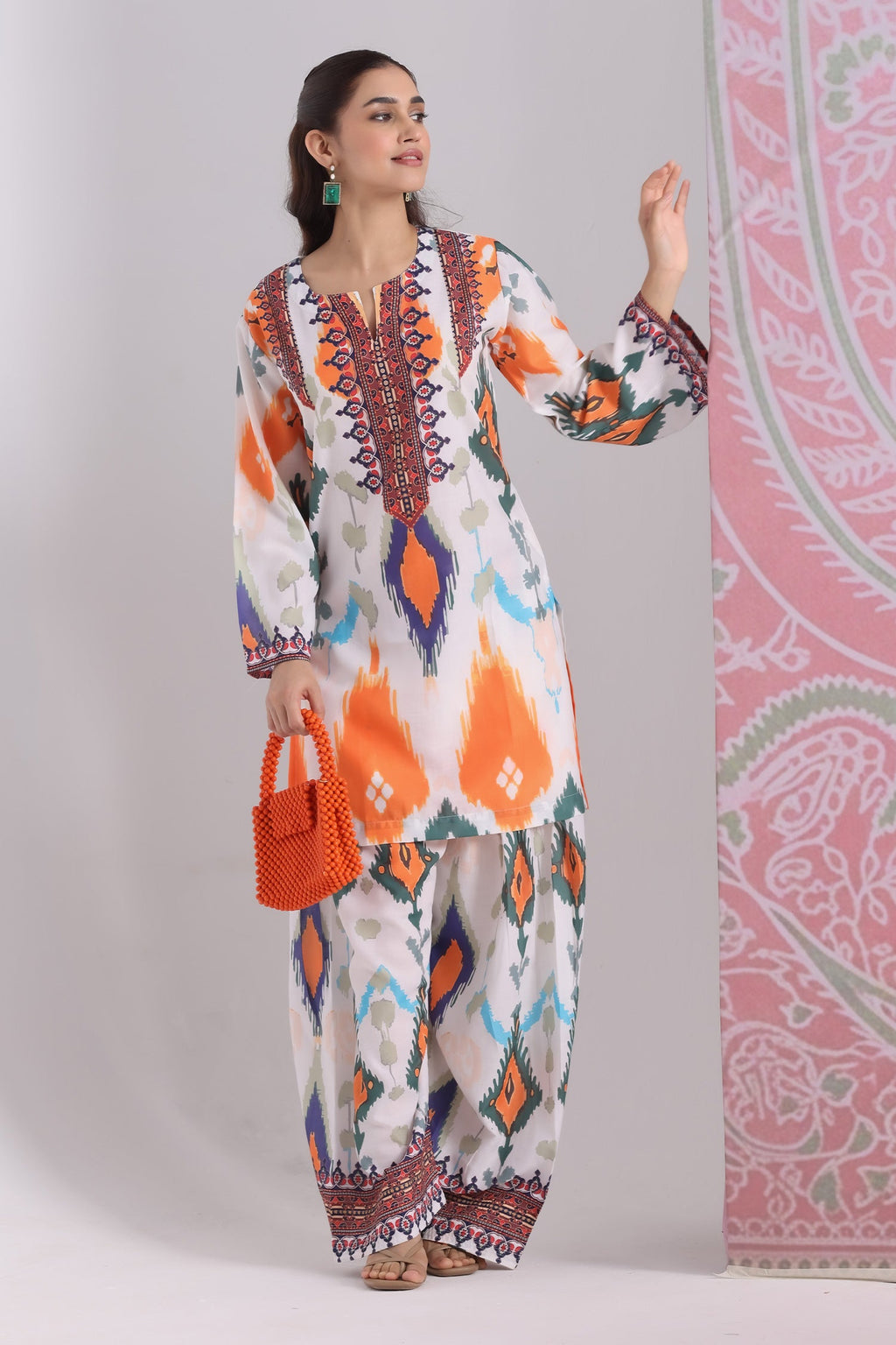 Neha x HOK in Grey Multicolour Ikat Printed Lawn Cotton Co-ord Set with Farsi Pants