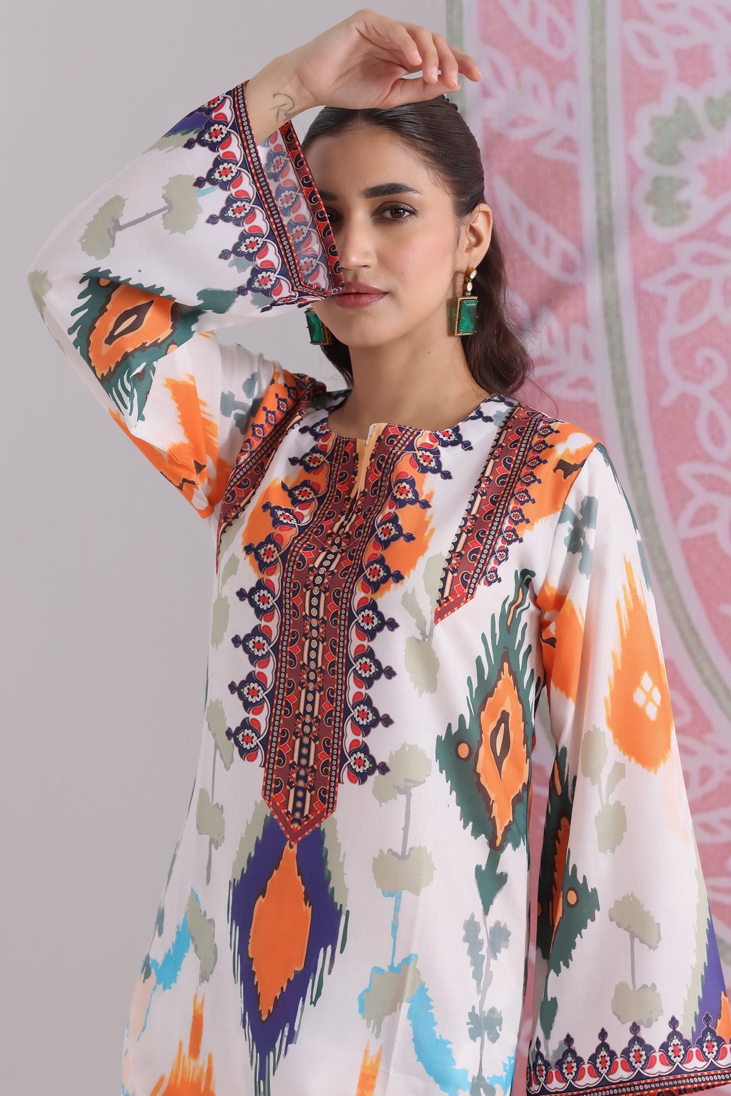 Neha x HOK in Grey Multicolour Ikat Printed Lawn Cotton Co-ord Set with Farsi Pants