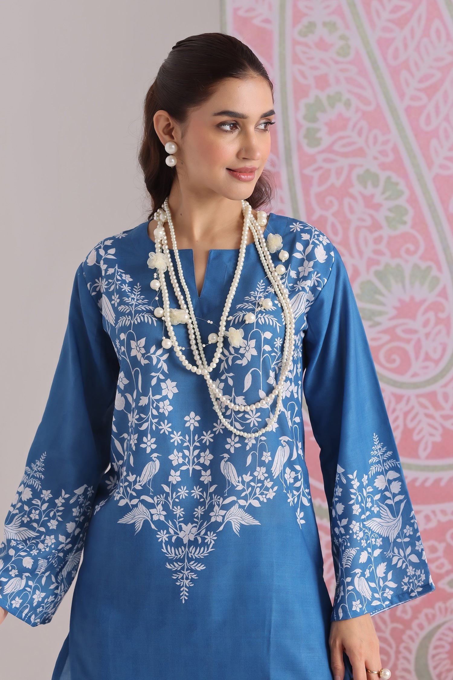 Fiza Malik x HOK in Indigo Blue Printed Lawn Cotton Co-ord Set with Farsi Pants
