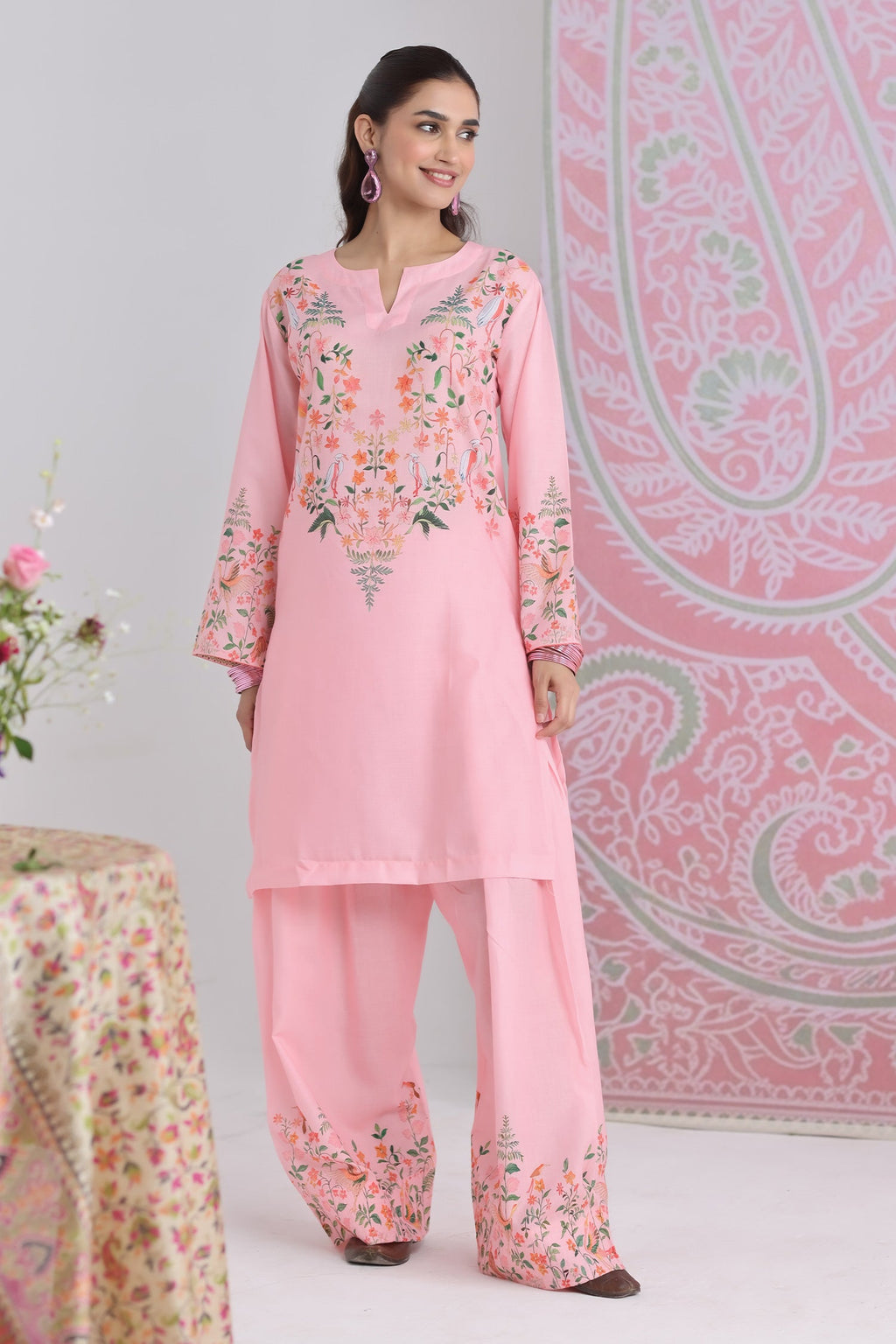 Blush Pink Printed Lawn Cotton Co-ord Set with Farsi Pants