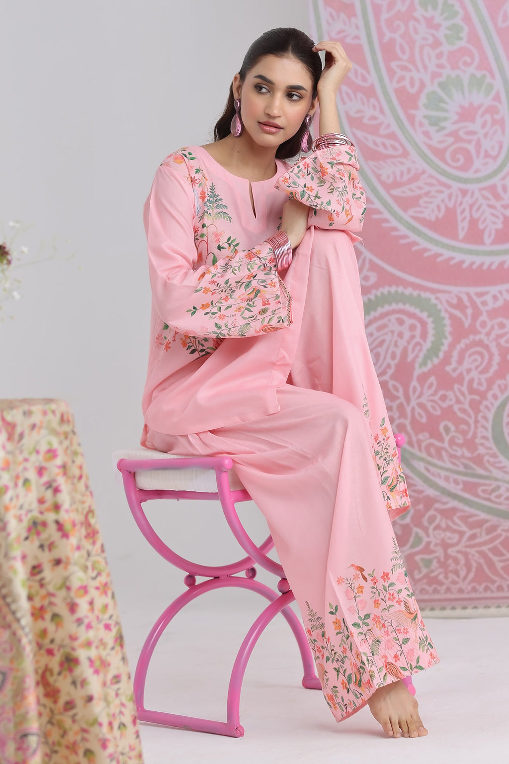 Blush Pink Printed Lawn Cotton Co-ord Set with Farsi Pants