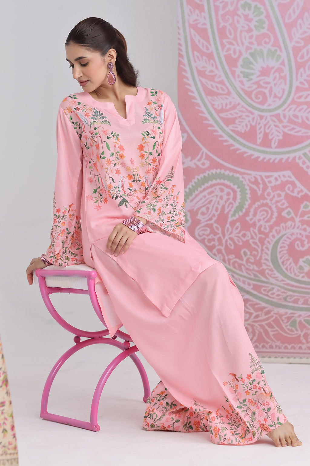 Blush Pink Printed Lawn Cotton Co-ord Set with Farsi Pants