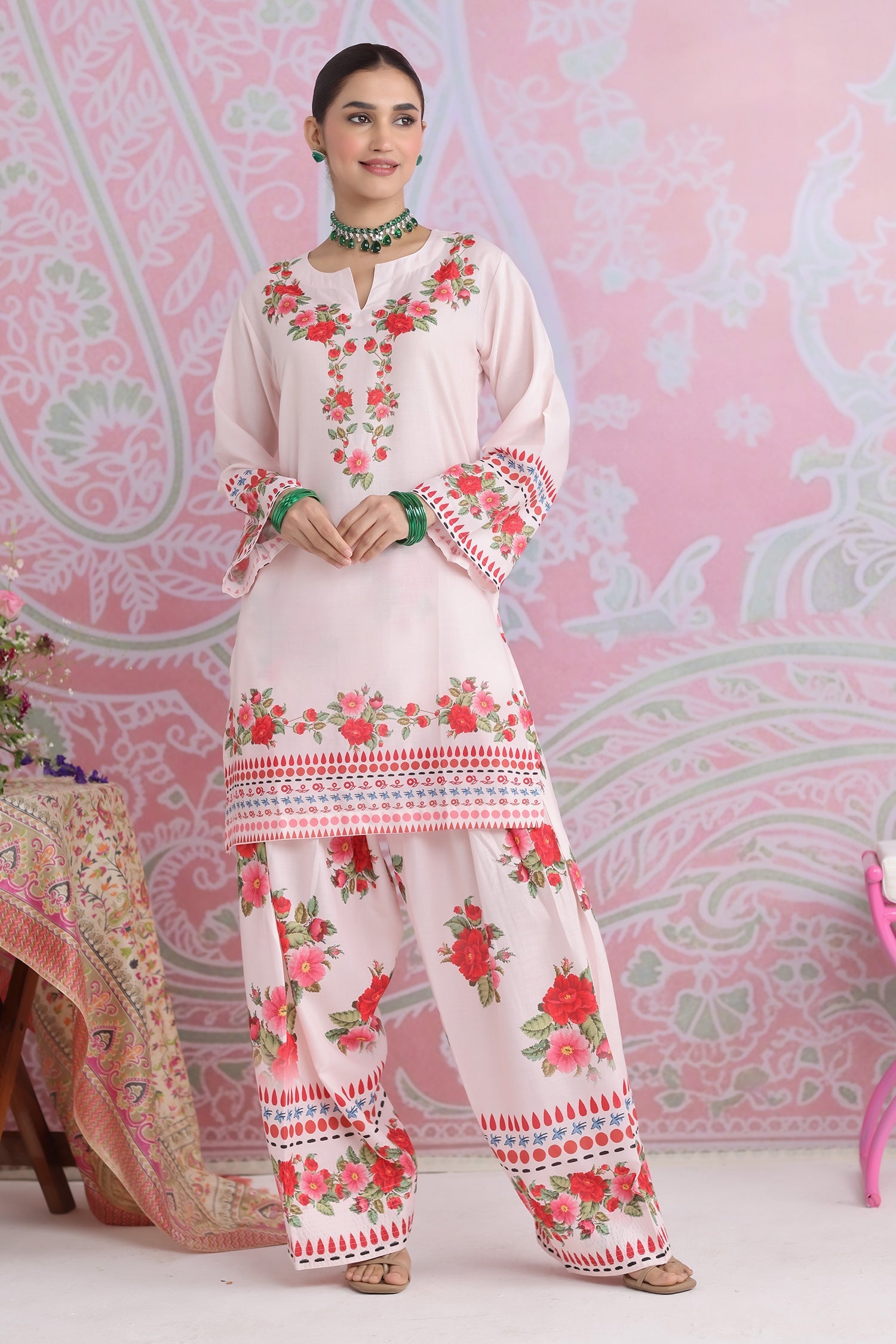 Priyanka x HOK in Blush Pink Floral Printed Lawn Cotton Co-ord Set with Farsi Pants