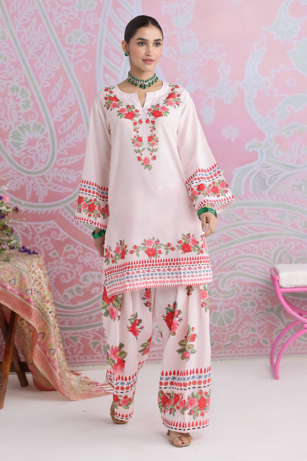 Priyanka x HOK in Blush Pink Floral Printed Lawn Cotton Co-ord Set with Farsi Pants