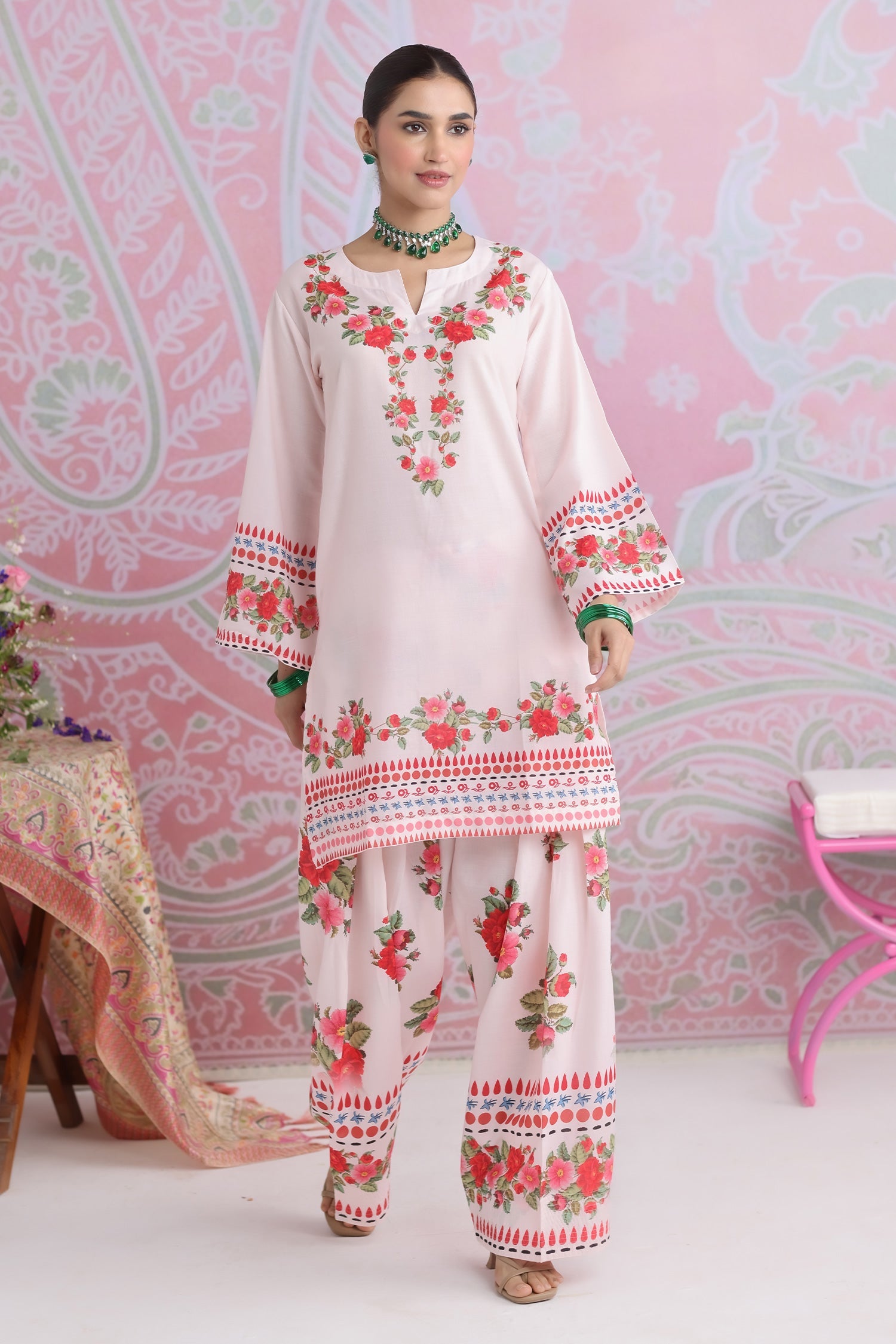 Priyanka x HOK in Blush Pink Floral Printed Lawn Cotton Co-ord Set with Farsi Pants