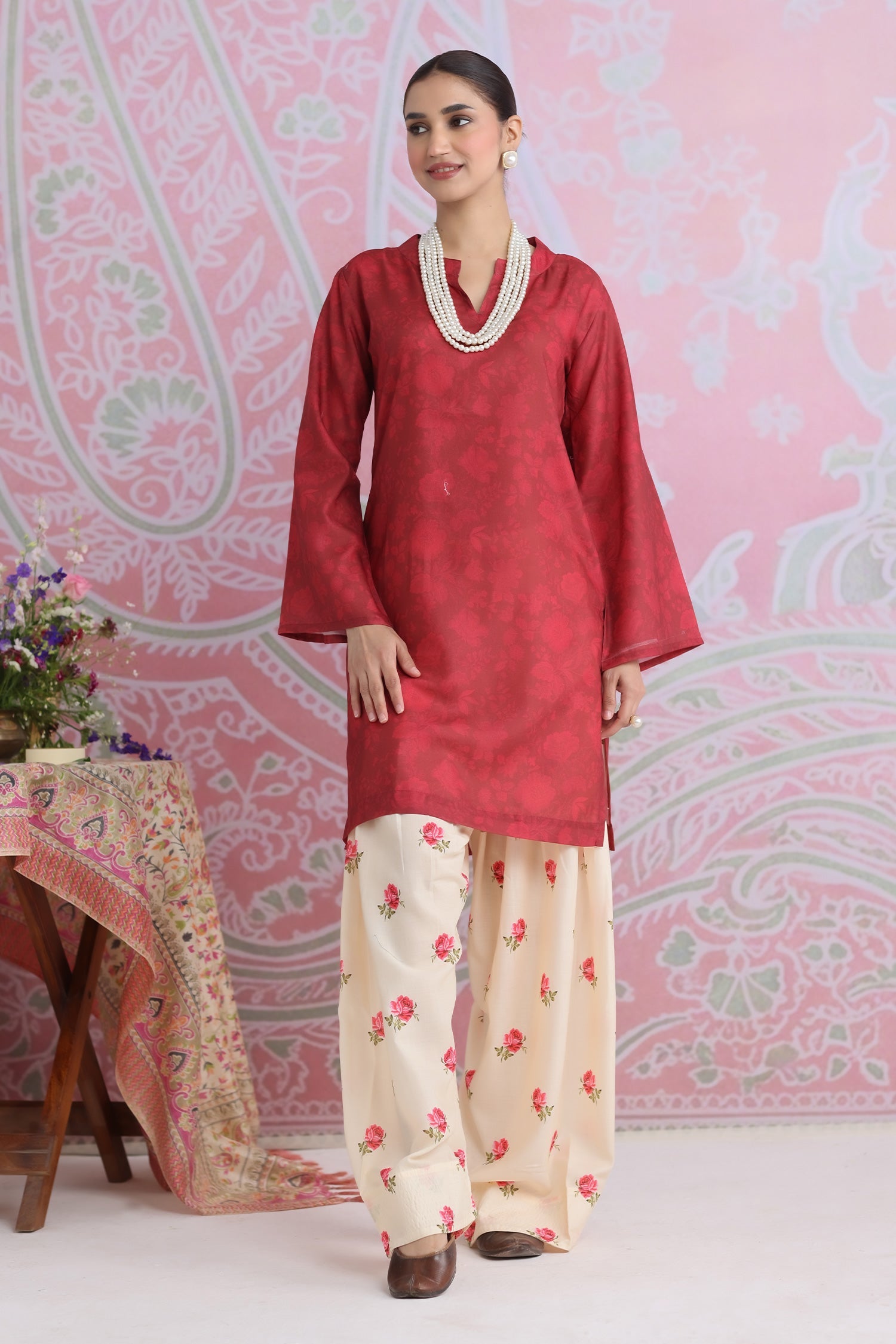 Sonali X Red Printed Lawn Cotton Co-ord Set with Farsi Pants