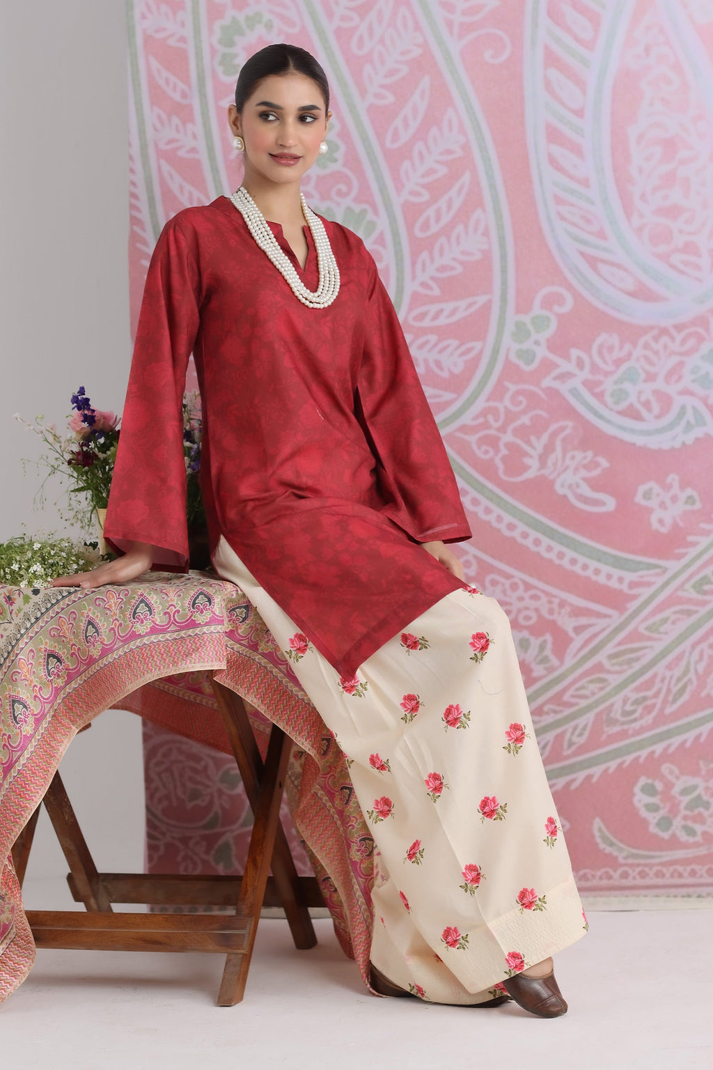 Sonali X Red Printed Lawn Cotton Co-ord Set with Farsi Pants