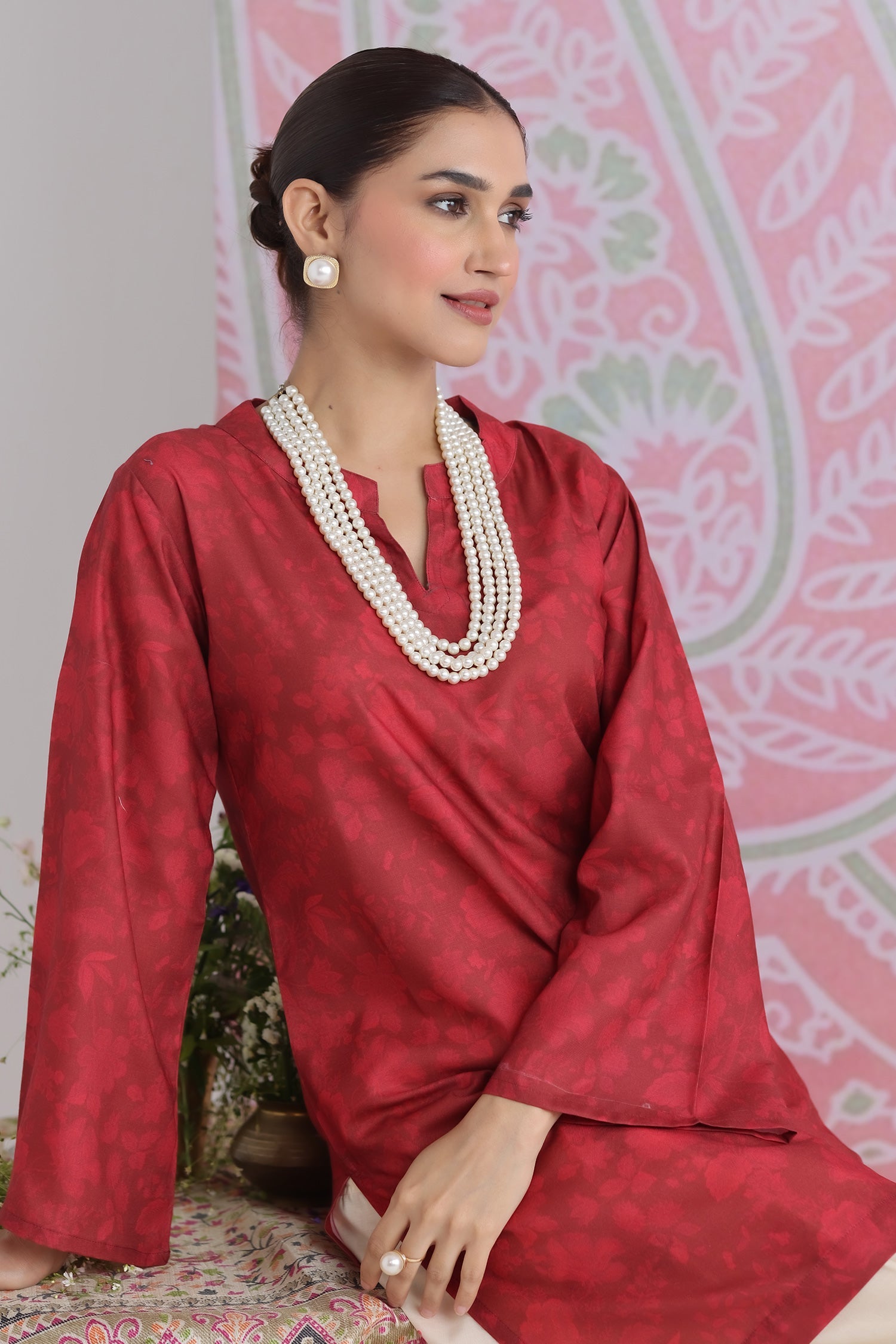 Red Printed Lawn Cotton Co-ord Set with Farsi Pants