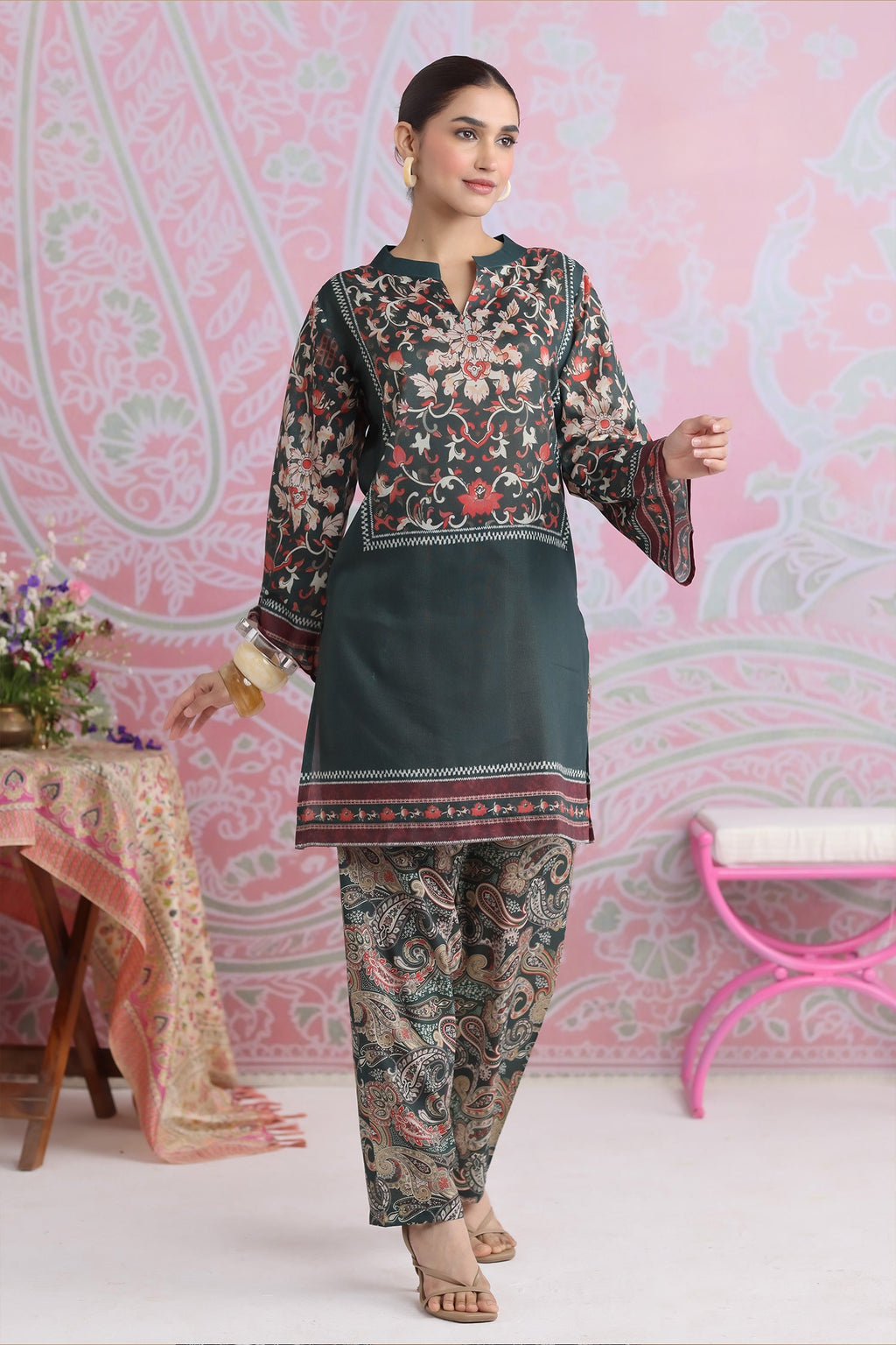Emerald Green Printed Shimmer Lawn Cotton Co-ord Set with Straight Pants